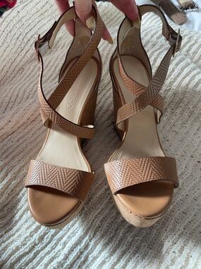 Jimmy Choo Tan Cork Platform Wedge Sandals